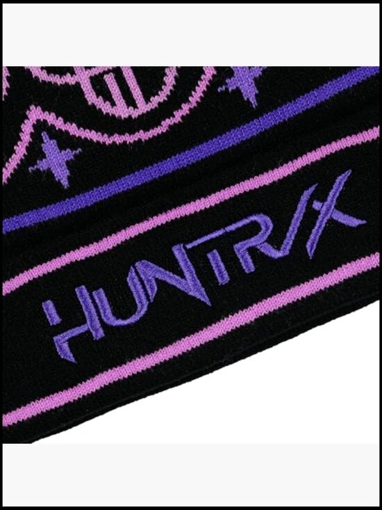 Embroidered Cuffed Knit Beanie with Pom - HUNTR/X Graphic